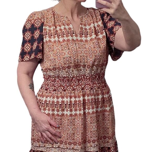 Isabel & Nina Navy Blue Red Multi Printed Short Sleeve Midi Tiered Dress Large - Picture 7 of 14